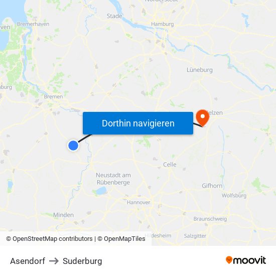 Asendorf to Suderburg map
