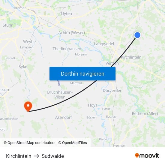Kirchlinteln to Sudwalde map