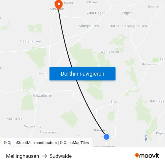 Mellinghausen to Sudwalde map