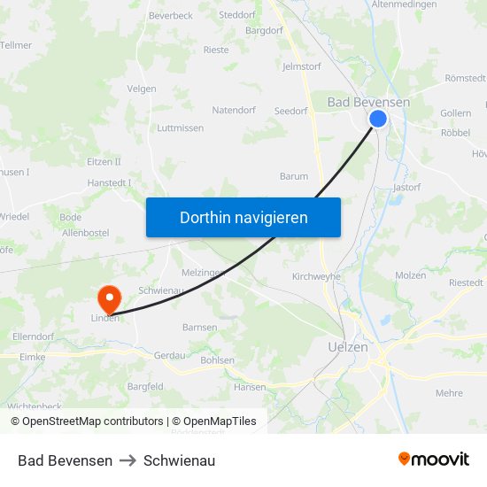 Bad Bevensen to Schwienau map