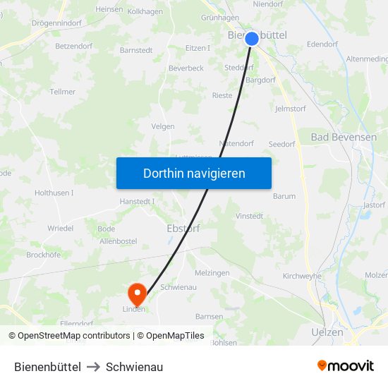 Bienenbüttel to Schwienau map