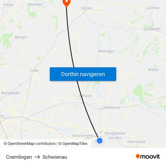 Cremlingen to Schwienau map