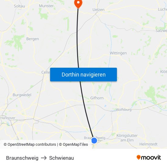 Braunschweig to Schwienau map