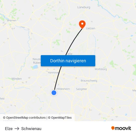 Elze to Schwienau map