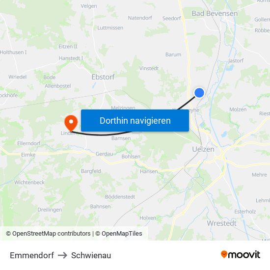 Emmendorf to Schwienau map