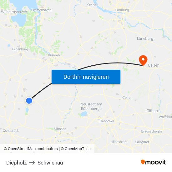 Diepholz to Schwienau map