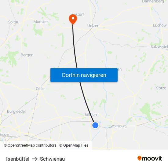 Isenbüttel to Schwienau map