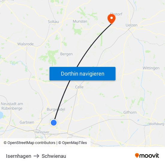 Isernhagen to Schwienau map