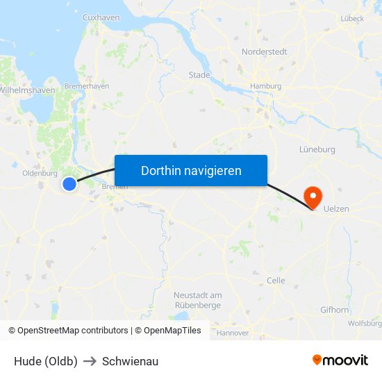 Hude (Oldb) to Schwienau map
