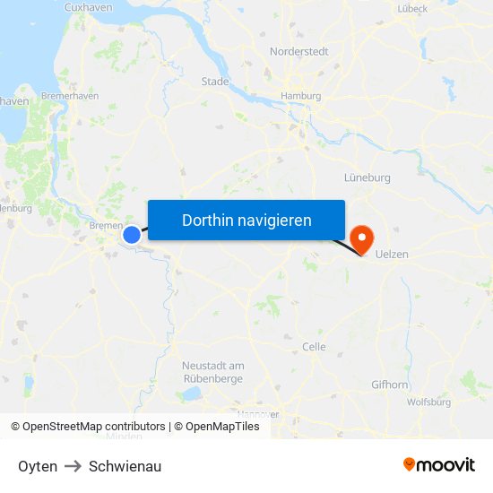 Oyten to Schwienau map