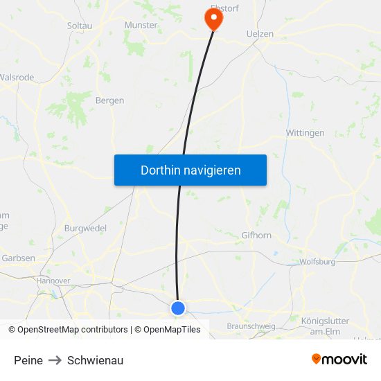 Peine to Schwienau map