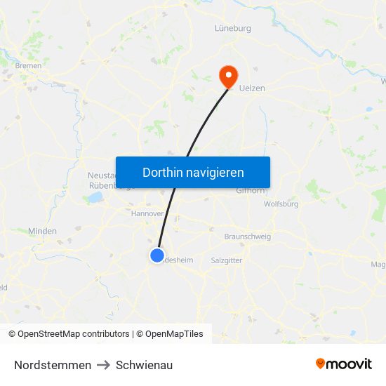 Nordstemmen to Schwienau map