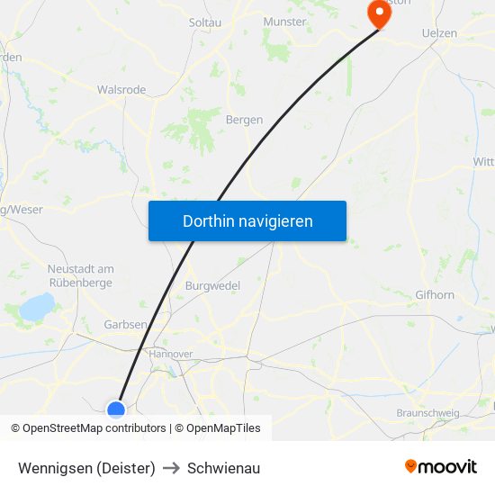 Wennigsen (Deister) to Schwienau map