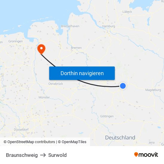 Braunschweig to Surwold map