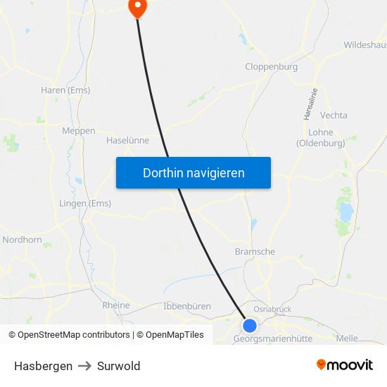 Hasbergen to Surwold map