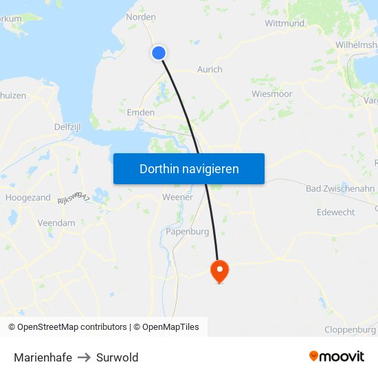 Marienhafe to Surwold map
