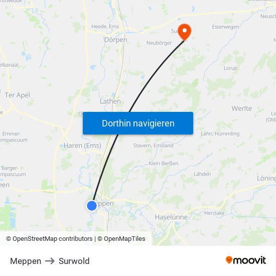 Meppen to Surwold map