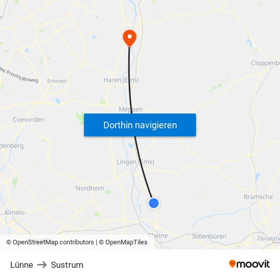 Lünne to Sustrum map