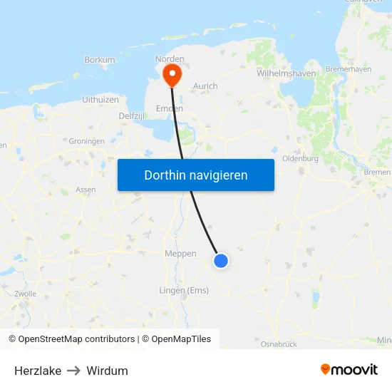 Herzlake to Wirdum map