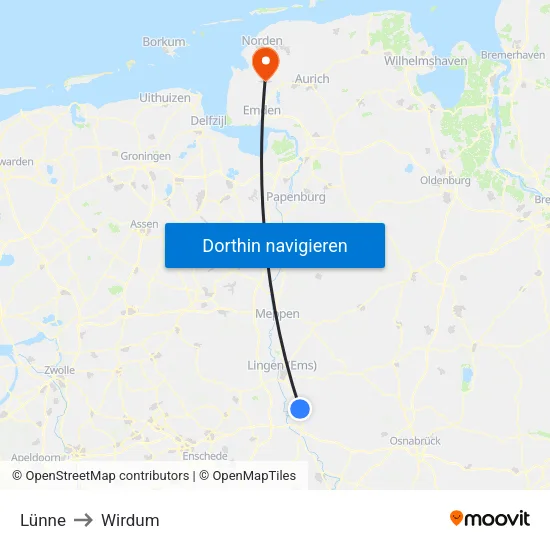 Lünne to Wirdum map