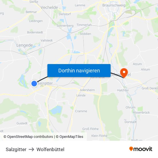 Salzgitter to Wolfenbüttel map