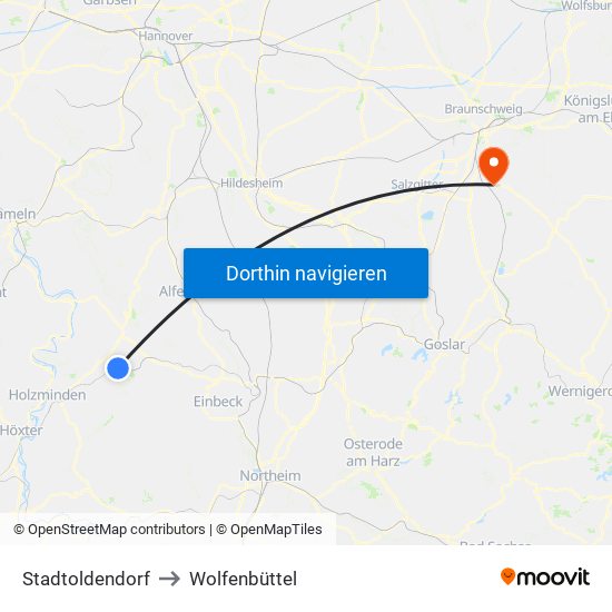 Stadtoldendorf to Wolfenbüttel map