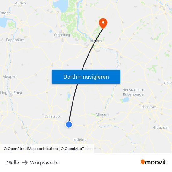 Melle to Worpswede map