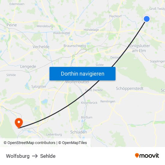 Wolfsburg to Sehlde map