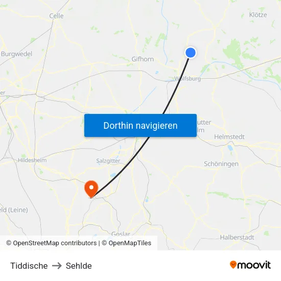 Tiddische to Sehlde map