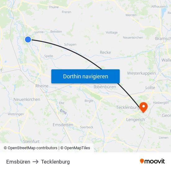 Emsbüren to Tecklenburg map