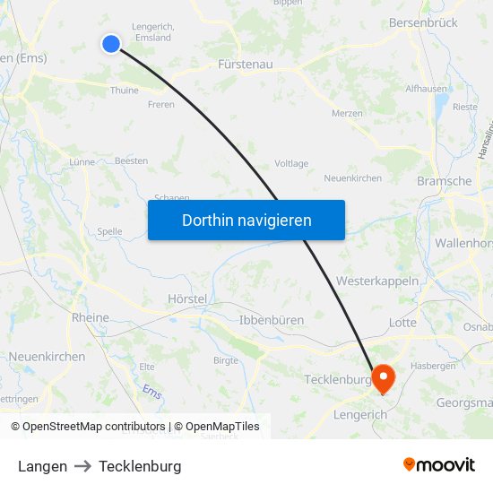 Langen to Tecklenburg map
