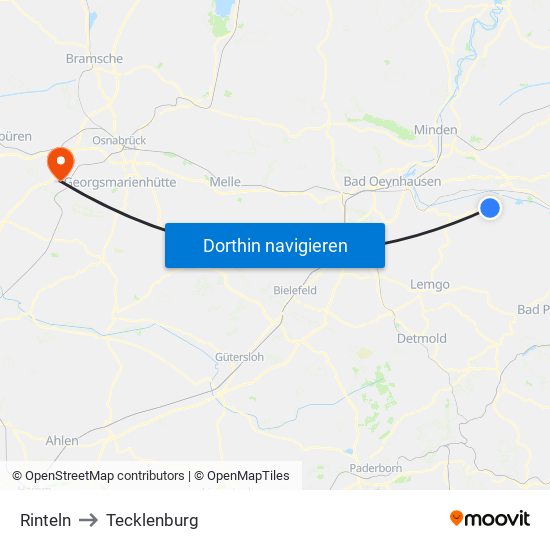 Rinteln to Tecklenburg map