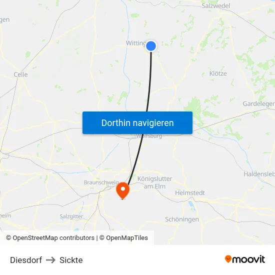 Diesdorf to Sickte map