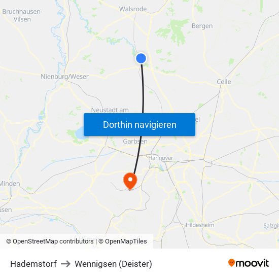Hademstorf to Wennigsen (Deister) map