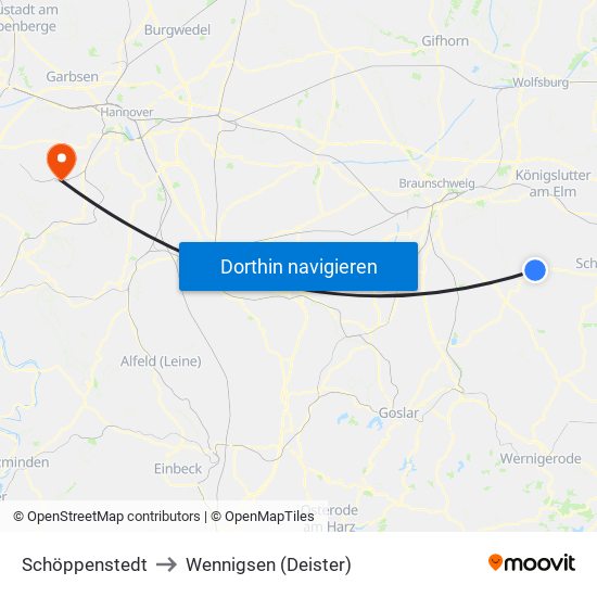 Schöppenstedt to Wennigsen (Deister) map