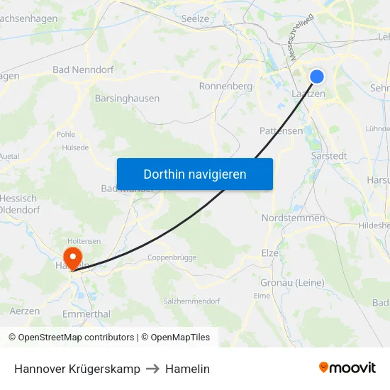 Hannover Krügerskamp to Hamelin map