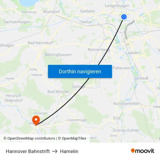 Hannover Bahnstrift to Hamelin map