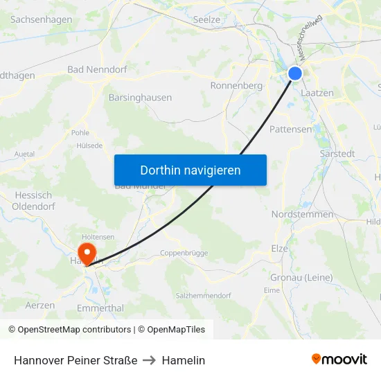 Hannover Peiner Straße to Hamelin map
