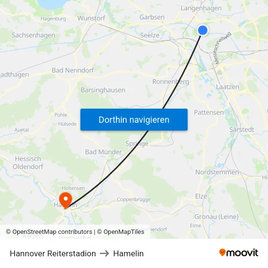 Hannover Reiterstadion to Hamelin map