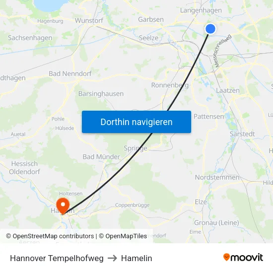 Hannover Tempelhofweg to Hamelin map