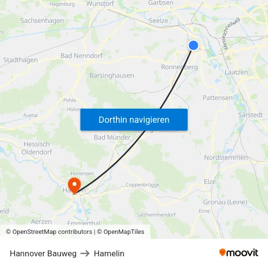 Hannover Bauweg to Hamelin map