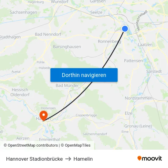 Hannover Stadionbrücke to Hamelin map