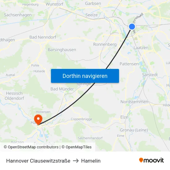 Hannover Clausewitzstraße to Hamelin map