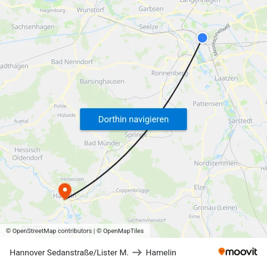 Hannover Sedanstraße/Lister M. to Hamelin map