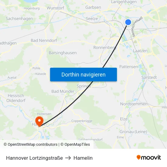 Hannover Lortzingstraße to Hamelin map