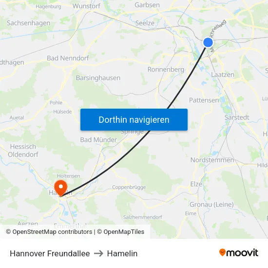 Hannover Freundallee to Hamelin map