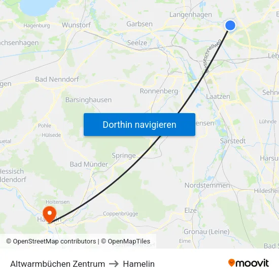 Altwarmbüchen Zentrum to Hamelin map