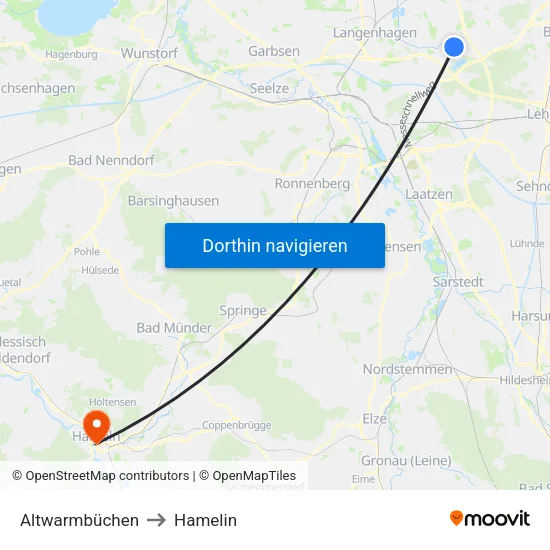 Altwarmbüchen to Hamelin map