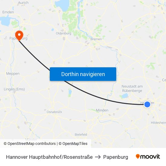 Hannover Hauptbahnhof/Rosenstraße to Papenburg map