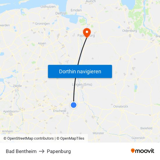 Bad Bentheim to Papenburg map